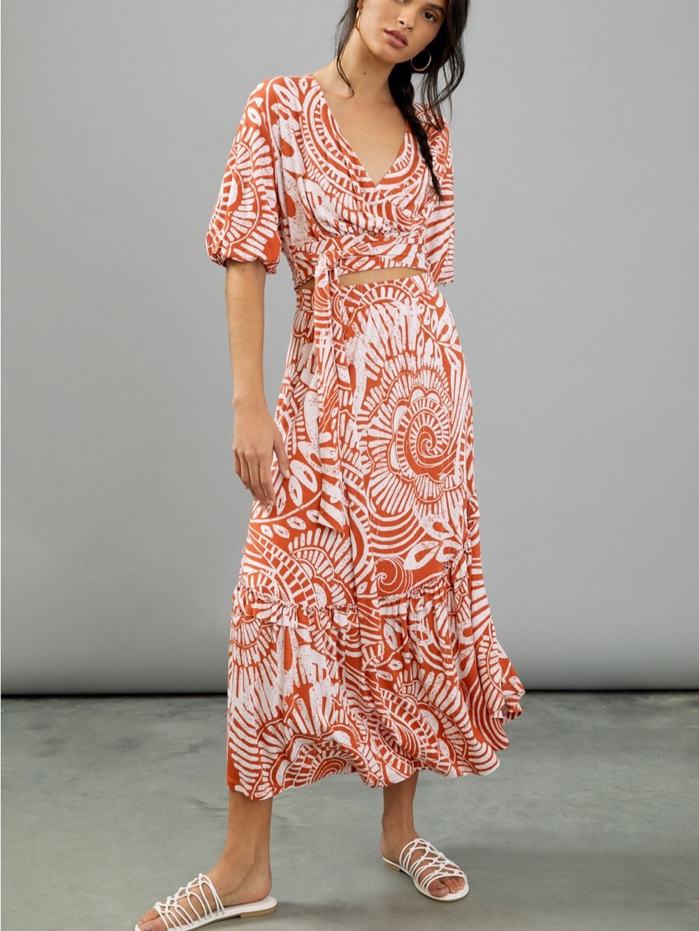 Anthropologie Rust and White Floral Wrap Top and Midi Skirt